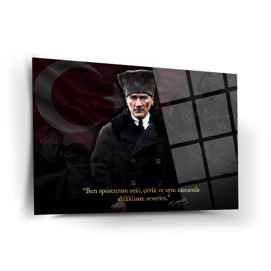 Atatürk 255 Cam Tablo with inspirational quote and Turkish flag design, showcasing high-quality UV printing.