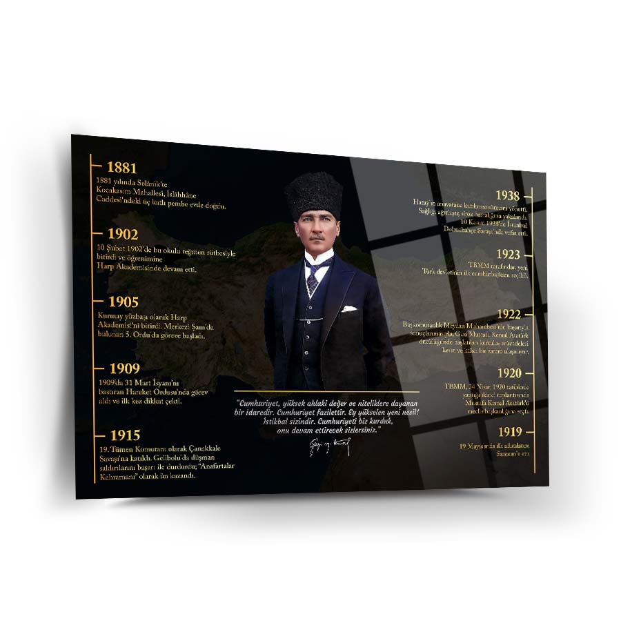 Atatürk 256 Cam Tablo with key historical dates and achievements highlighted in stylish design.