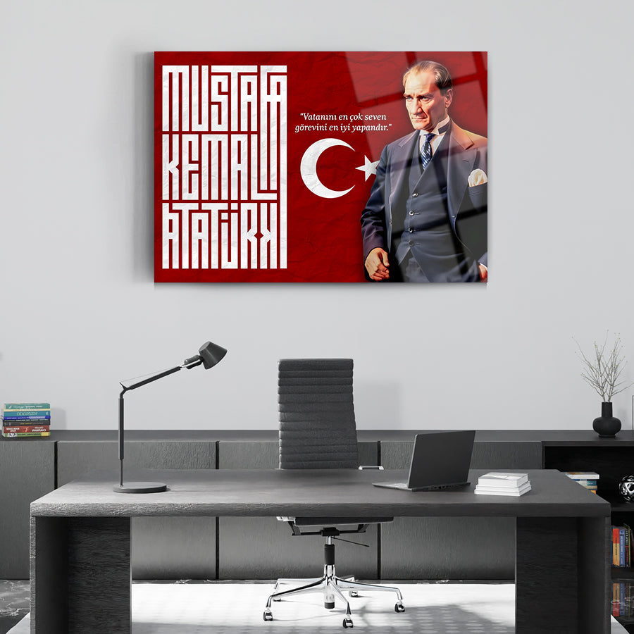 Atatürk 257 Cam Tablo with Turkish flag design, showcasing high-quality glass art for home decor.