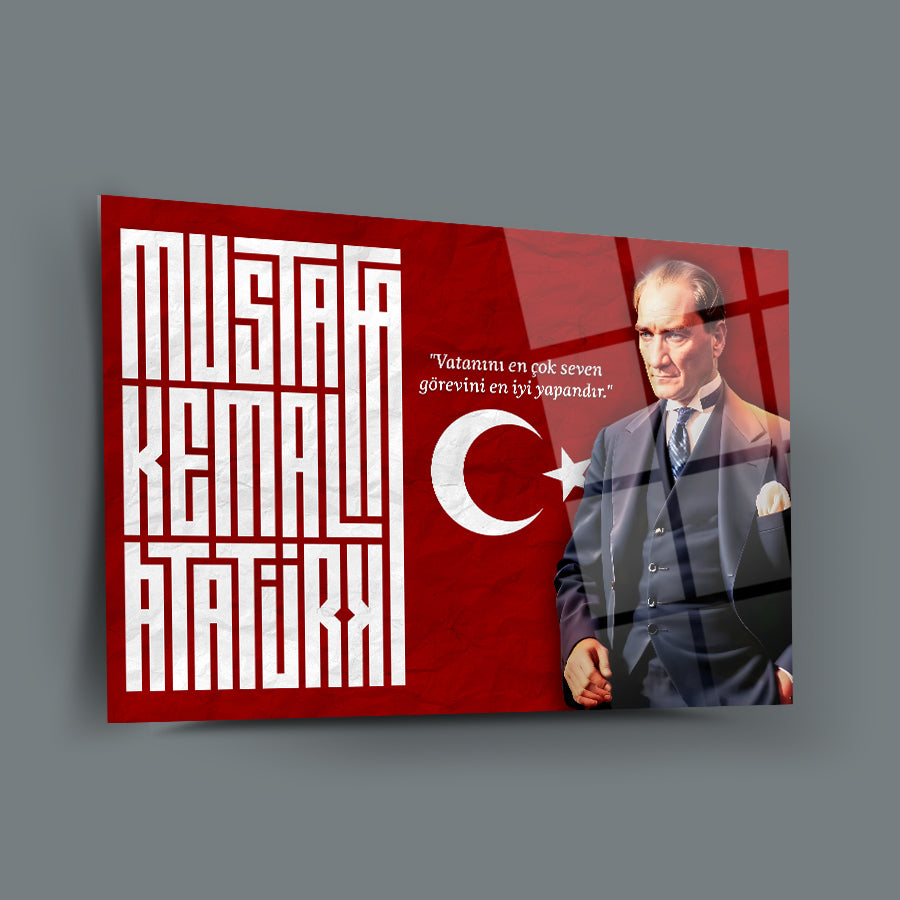 Atatürk 257 Cam Tablo - Mustapha Kemal Atatürk art piece with Turkish flag and inspirational quote.