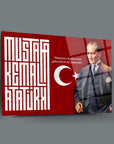 Atatürk 257 Cam Tablo - Mustapha Kemal Atatürk art piece with Turkish flag and inspirational quote.