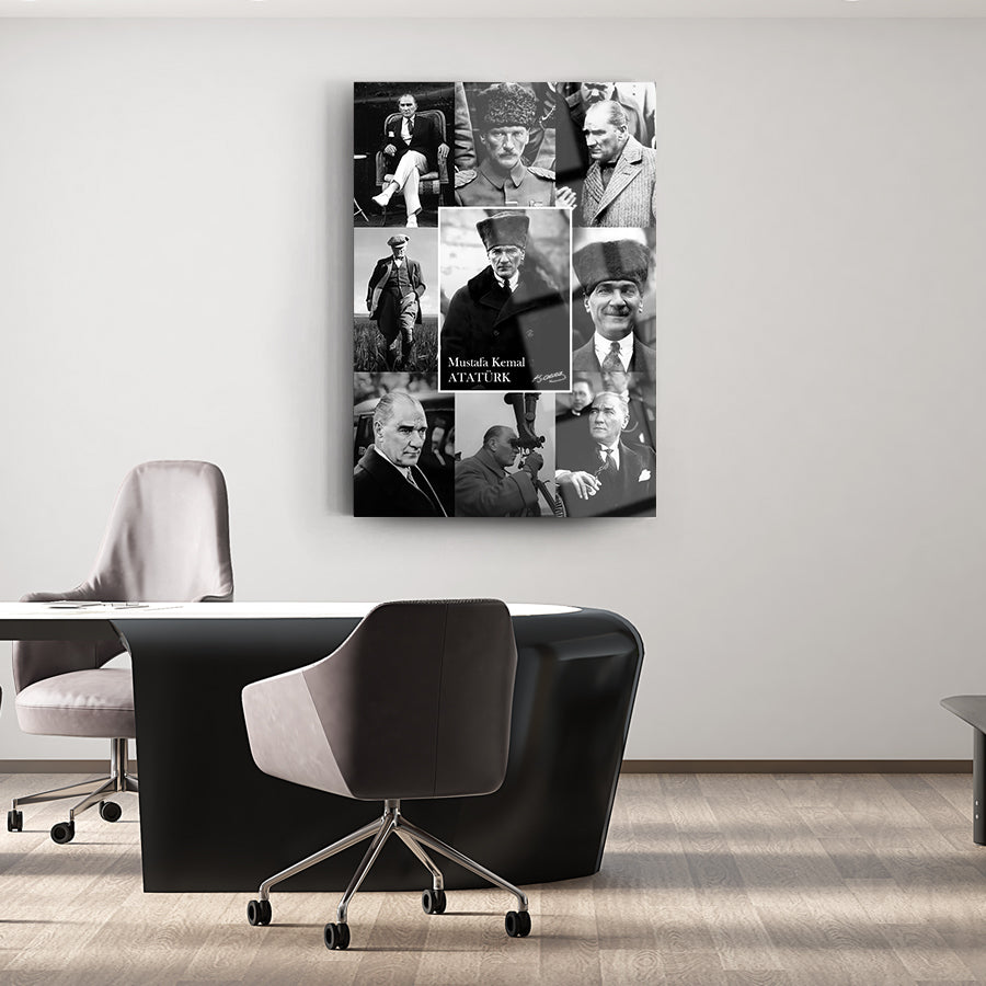 Atatürk 258 Cam Tablo in a modern office setting, featuring black and white portraits of Mustafa Kemal Atatürk.
