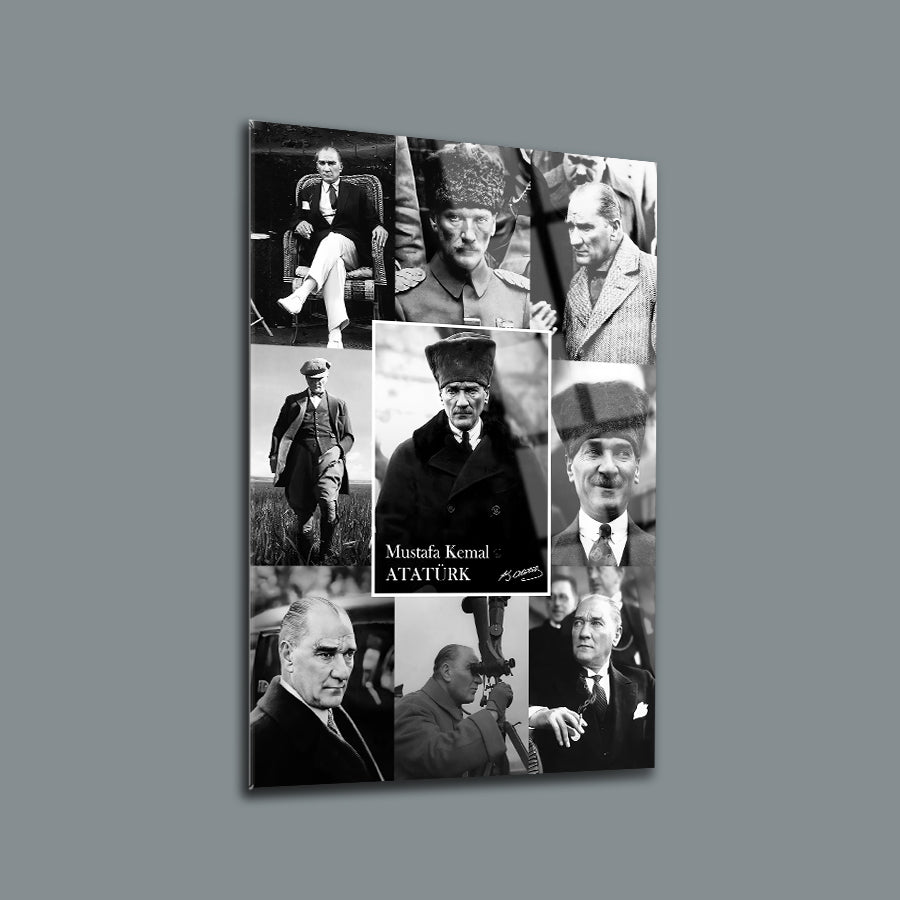 Atatürk 258 Cam Tablo, siyah beyaz fotoğraflarla oluşturulmuş özel tasarım cam tablo.