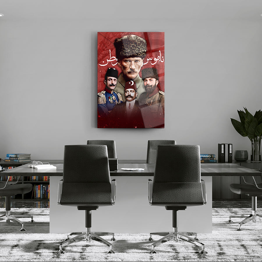 Atatürk and İttihat Terakki leaders modern glass art panel in stylish office setting.