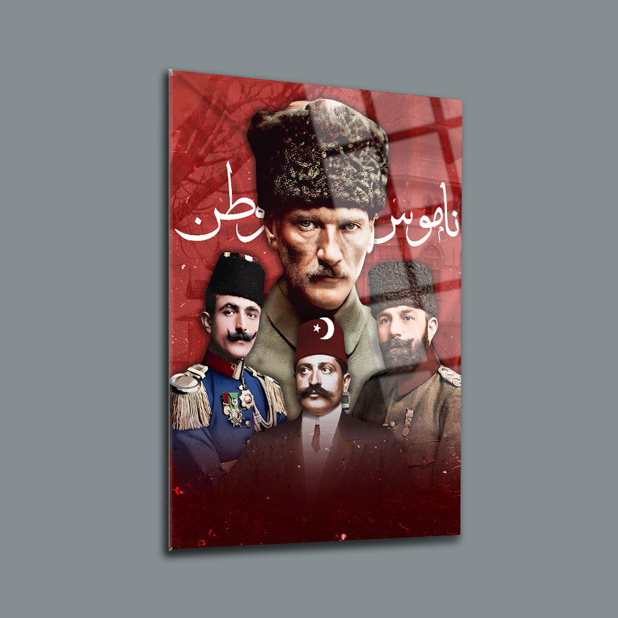 Atatürk ve İttihat Terakki Paşaları cam tablo, 4 mm kalınlığında yüksek kaliteli UV baskı.