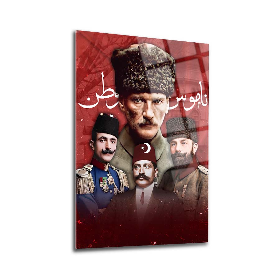 Atatürk and İttihat Terakki leaders glass wall art, high-quality UV print on durable tempered glass.