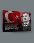 Atatürk 259 Cam Tablo with inspirational quote and Turkish flag backdrop.