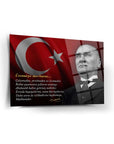 Atatürk Cam Tablo with Turkish flag background and motivational quote in Turkish, emphasizing creativity and perseverance.