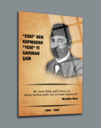 Muallim Naci portrait on a decorative plaque with Turkish poetry and historical dates.