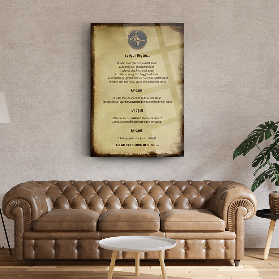 Şeyh Edebali'nin nasihatlerini içeren cam tablo, şık oturma odası dekorasyonu.