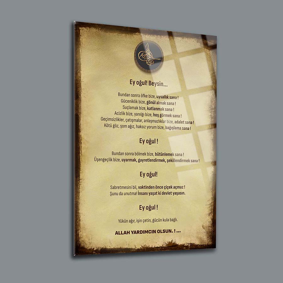 Şeyh Edebali'nin Nasihati Cam Tablo, yüksek kaliteli temperli cam, özel UV baskı, 4 mm kalınlığında, 10 kat dayanıklı.