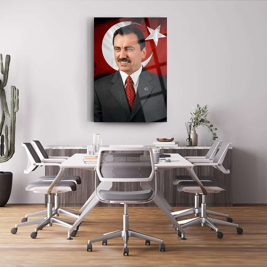 Muhsin Yazıcıoğlu Bayrak Cam Tablo in modern office setting with stylish furniture and decor.