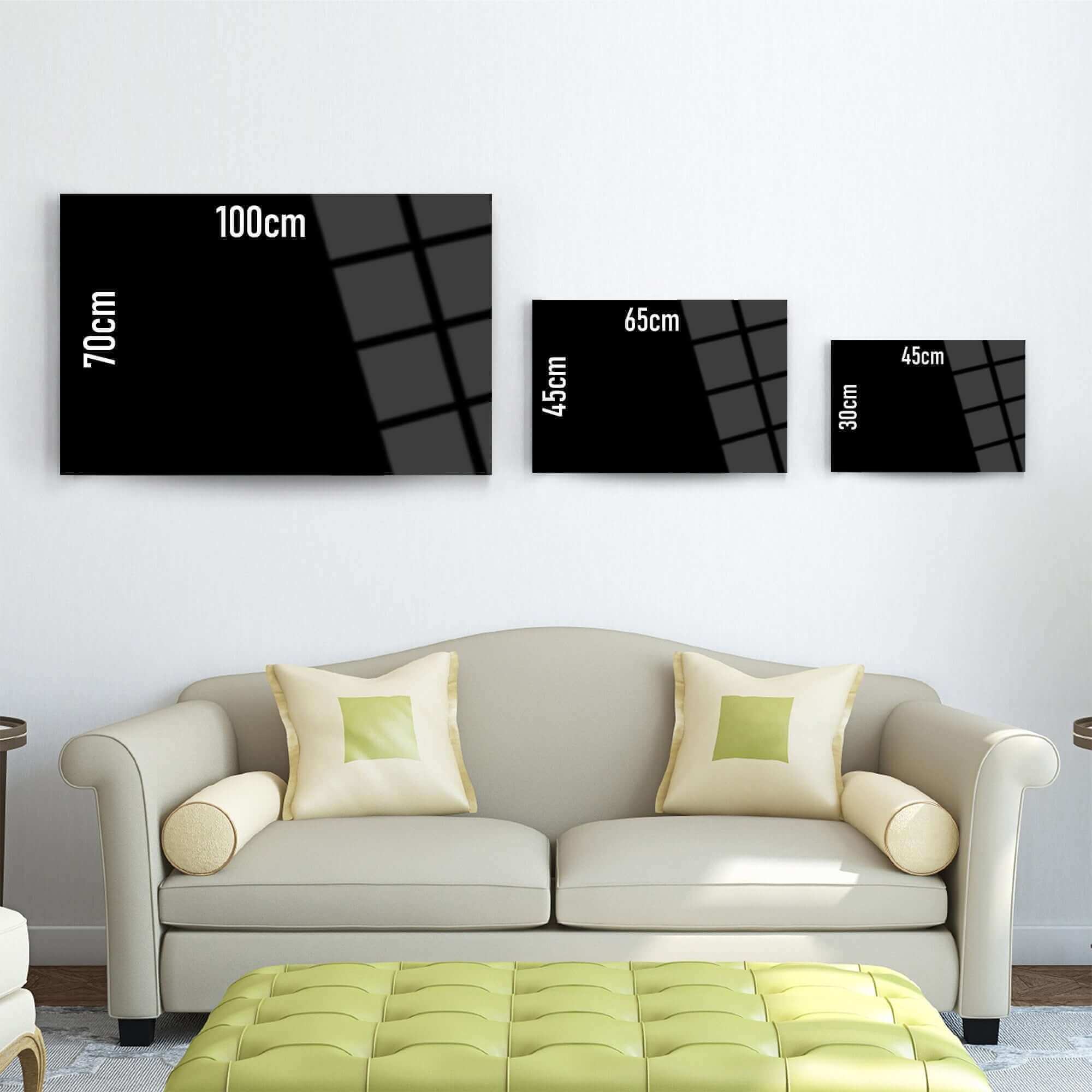 Stylish living room showcasing SRD Concept Cam Tablo sizes: 100cm, 70cm, 65cm, and 30cm on a modern wall.