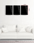 3-piece black glass wall art set above a modern white sofa, dimensions 45x65 cm per piece, stylish home decor.