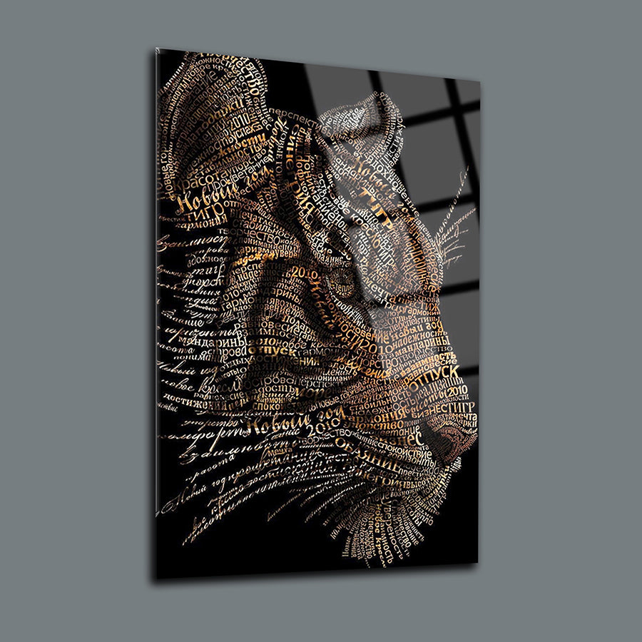 Artistic glass tablet featuring a tiger design created with words, showcasing modern interior decor.
