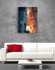 Gitar Cam Tablo with a fiery guitar design, enhancing modern living room decor.