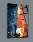 Gitar Cam Tablo featuring a vibrant electric guitar surrounded by flames and water, showcasing unique artistic design.