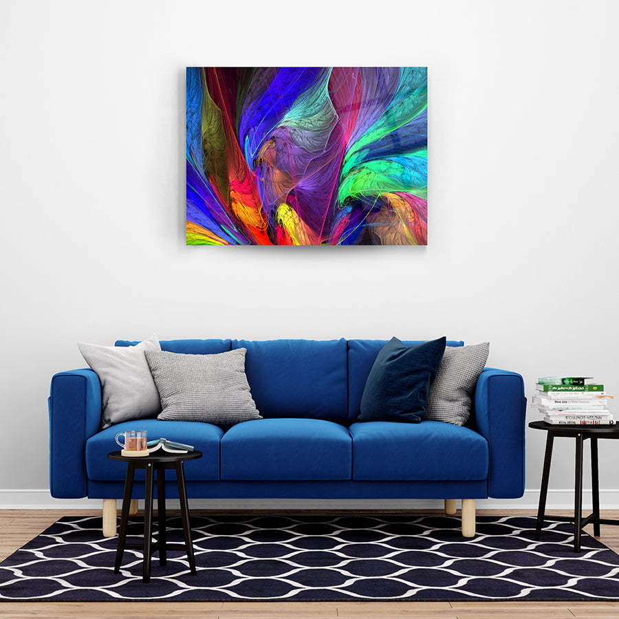Renk Dalgaları Cam Tablo, canlı renklerle modern oturma odası dekorasyonu için şık bir sanat eseri.
