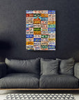 Colorful vintage license plate art on a wall above a modern gray couch in a stylish living room.