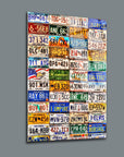 Colorful collage of vintage license plates showcasing various states' designs on a sleek canvas print.