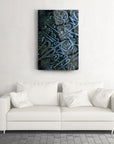 SRD Concept Cam Tablo with abstract blue design hanging above a white sofa in a modern living room.