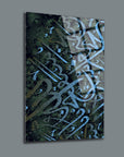 Artistic glass wall decor featuring intricate blue calligraphy on a textured dark background.