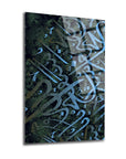 Dehliz Cam Tablo with intricate blue abstract design on tempered glass, perfect for modern decor.
