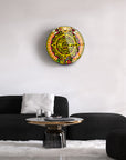 Aztek Madalyon Cam Tablo on wall, vibrant design in stylish living room with black furniture and decor.