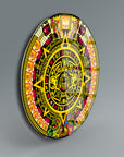 Aztek Madalyon Cam Tablo with intricate geometric designs and vibrant colors, showcasing high-quality glass craftsmanship.