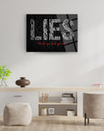 Contemporary art piece 'LIES' on a wall, featuring bold typography and a thought-provoking message.