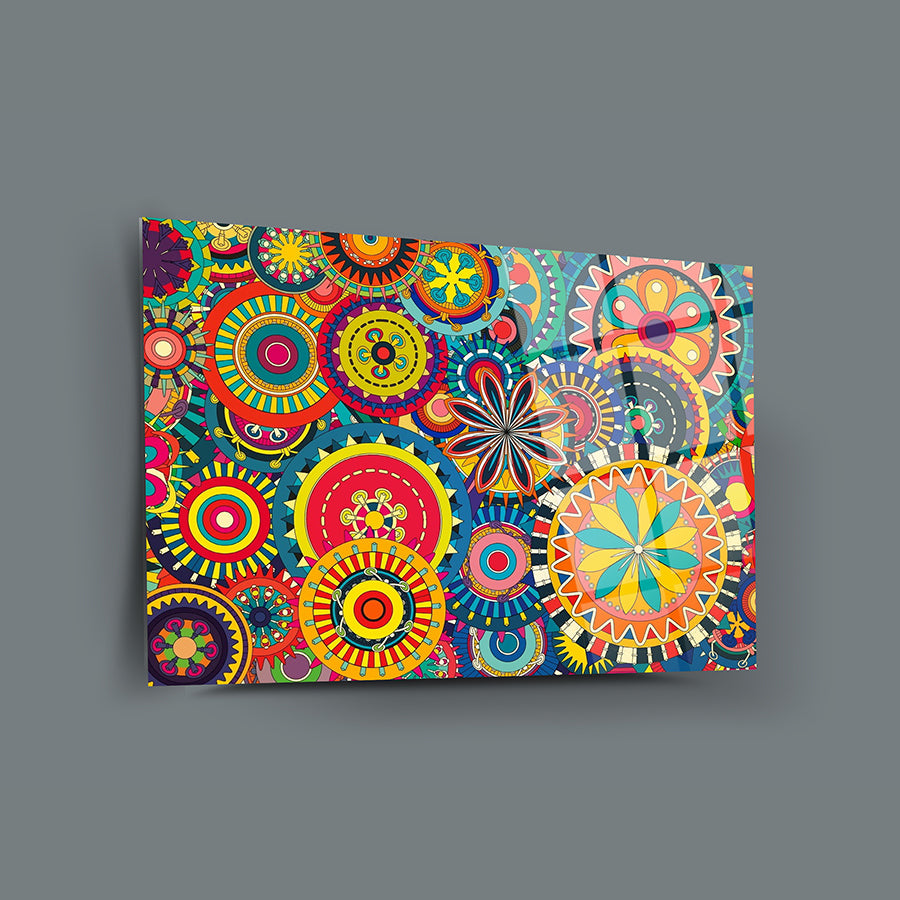 Vibrant Afrika Desenleri Cam Tablo with colorful geometric patterns on a sleek glass surface.