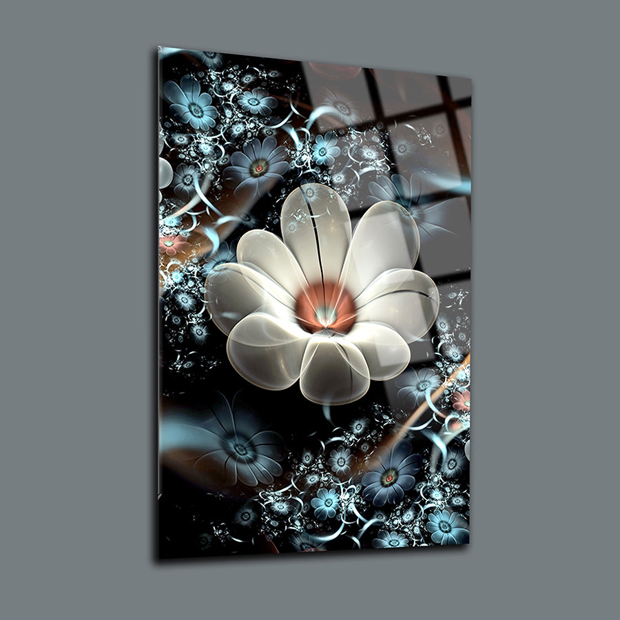 Beyaz çiçek tasarımı ile şık cam tablo, yüksek kaliteli UV baskı, 4 mm kalınlık, modern dekor için ideal.