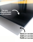 Close-up of SRD Concept Cam Tablo showing clear glass surface and sizes: 30x45 cm, 45x65 cm, 70x100 cm, all 4mm thick.