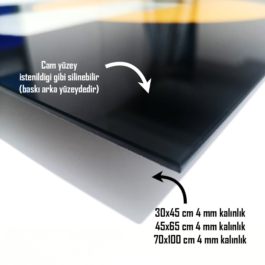 Yüksek kaliteli cam tablo, 30x45, 45x65, 70x100 cm seçenekleri, silinebilir yüzey.