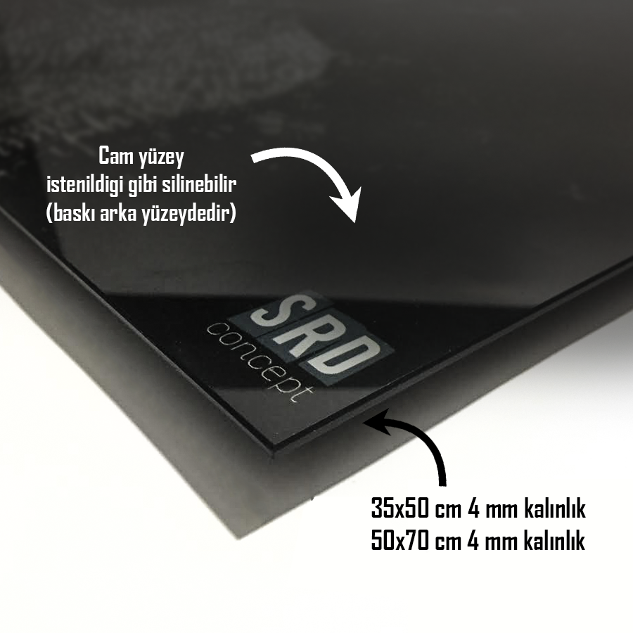 SRD Concept cam tablonun detayları, temizlenebilir cam yüzeyi ve ölçü bilgileri (35x50 cm, 50x70 cm) ile yüksek kaliteli tasarım.