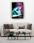 Modern art piece featuring a vibrant, stylized portrait on glass, enhancing a contemporary living space.