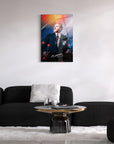 Modern living room featuring a signed wall art piece of a man in a suit with a colorful background.