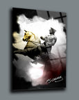 Atatürk themed glass wall art featuring a striking figure on horseback, UV printed on high-quality tempered glass.