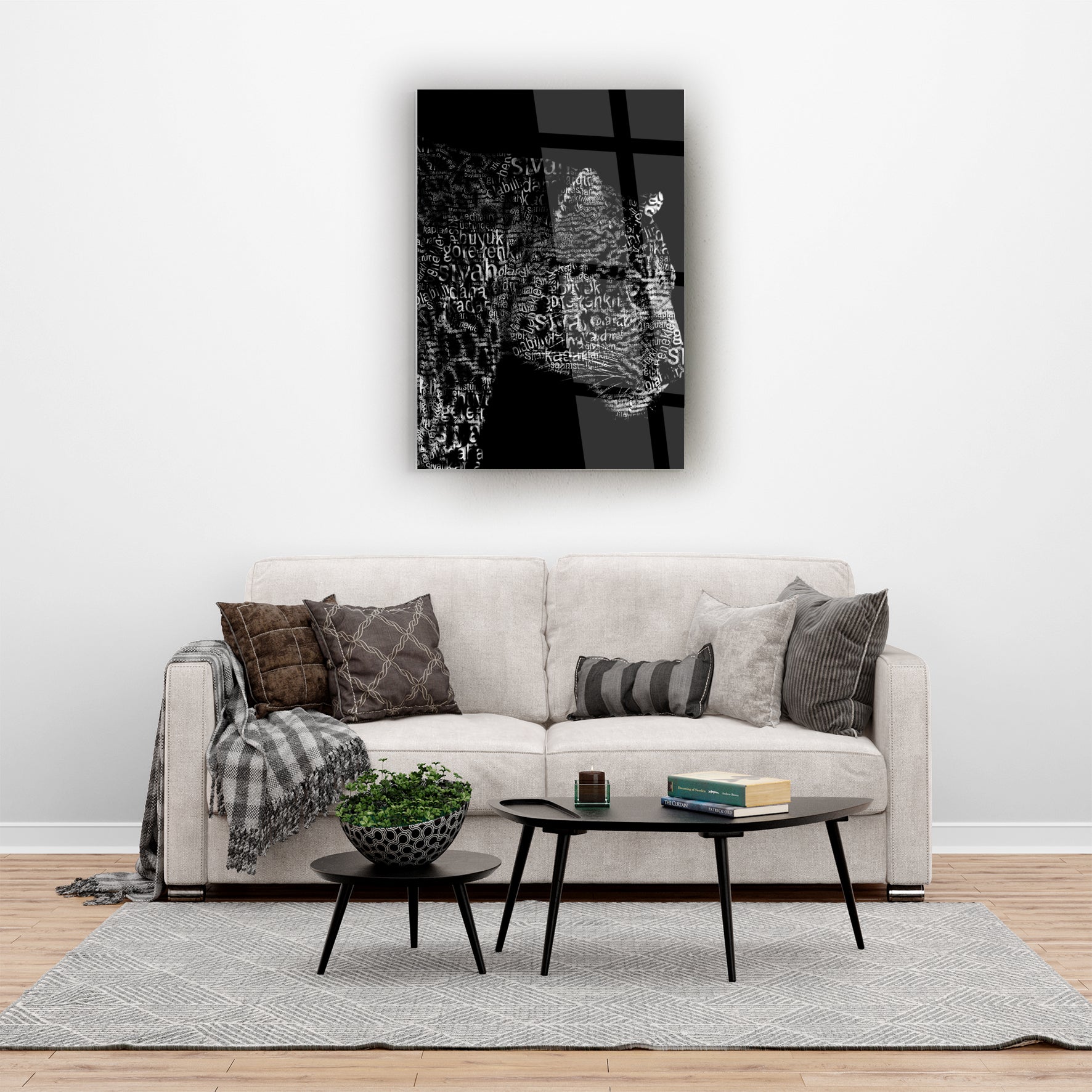 Alfabetik leopar cam tablo, modern oturma odası dekorasyonu ile uyumlu, şık ve göz alıcı tasarım.