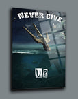 Inspirational wall art featuring the phrase 'Never Give Up' with a trident and underwater scenery.