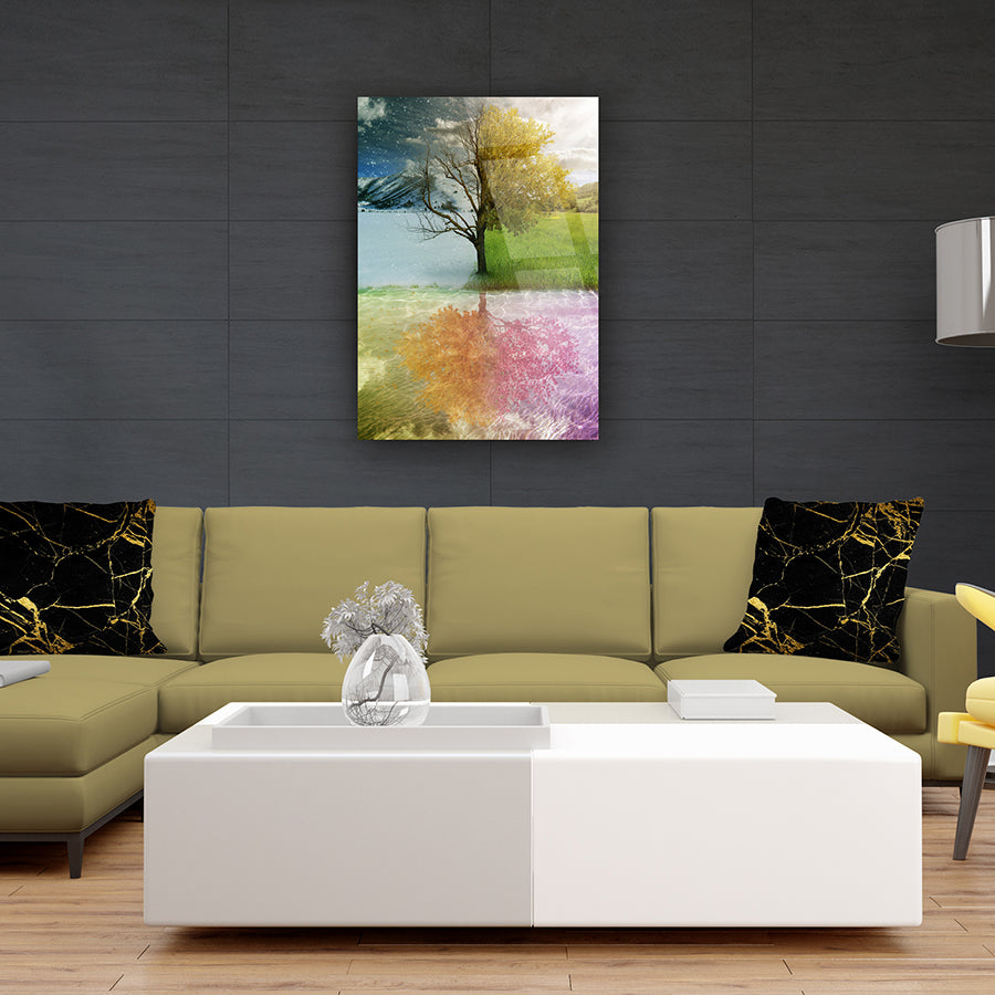 Dört Mevsim Cam Tablo: renkli doğa manzarası, modern oturma odası dekoru