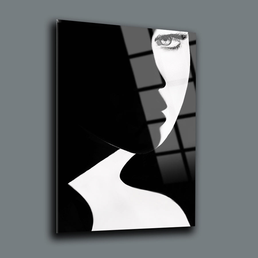 Bay Bayan Cam Tablo, modern siyah-beyaz tasarım, estetik ve şık iç mekan dekorasyonu için.