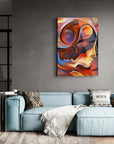 Modern art piece featuring colorful abstract faces, perfect for enhancing living room decor.