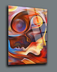 Vibrant abstract art on glass featuring two human silhouettes in colorful patterns and smooth lines.