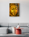 Buda Cam Tablo, altın renkli Buddha tasarımı, modern oturma odası dekoru, şık ve zarif duvar sanatı