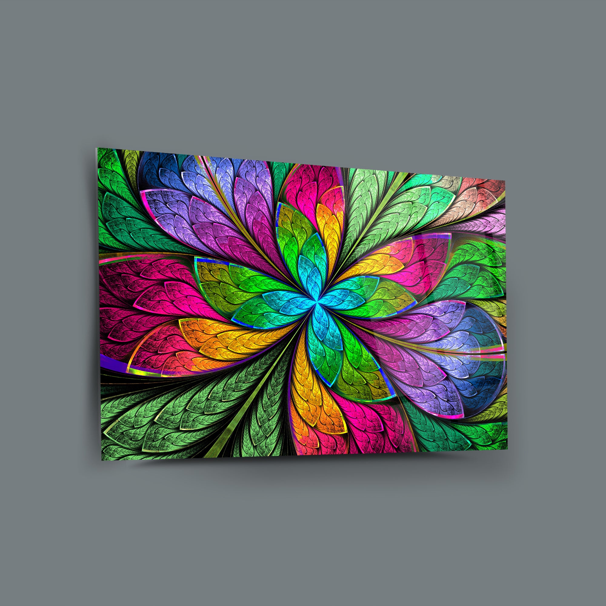 Rengarenk yaprak desenli cam tablo, yüksek kaliteli UV baskı ile özel tasarlanmış, 4 mm kalınlığında dayanıklı cam.