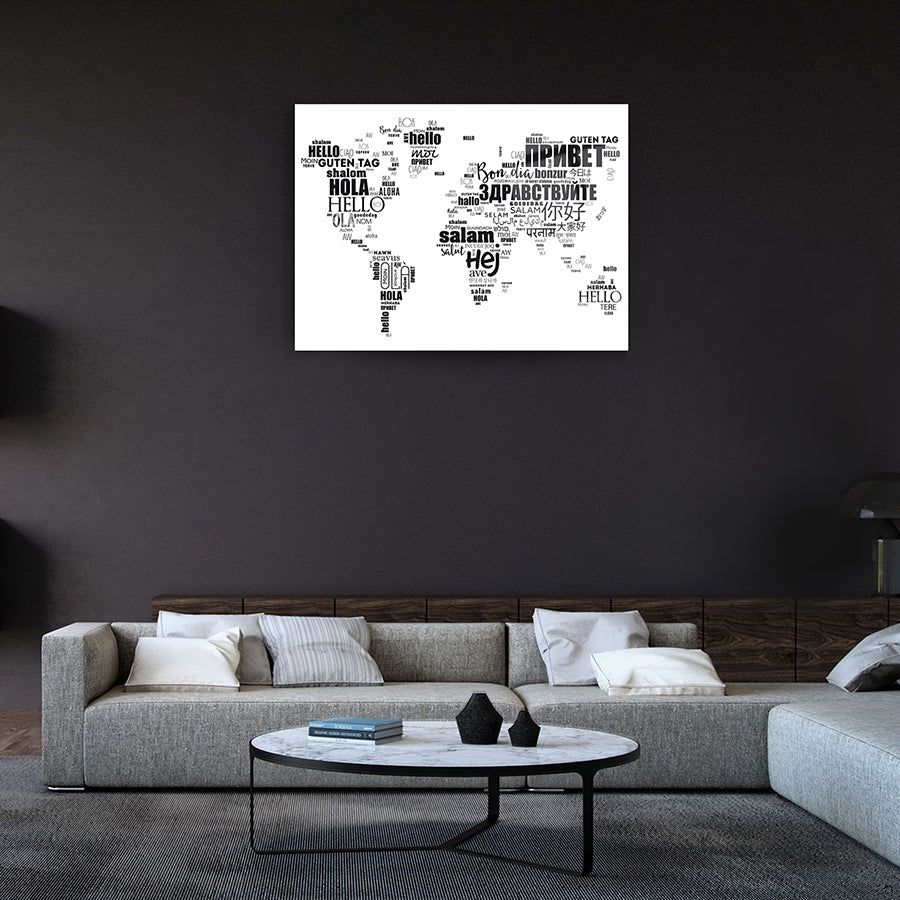 Merhaba Dünya Cam Tablo: dünya haritası üzerinde selamlaşma kelimeleriyle tasarlanmış modern duvar sanatı