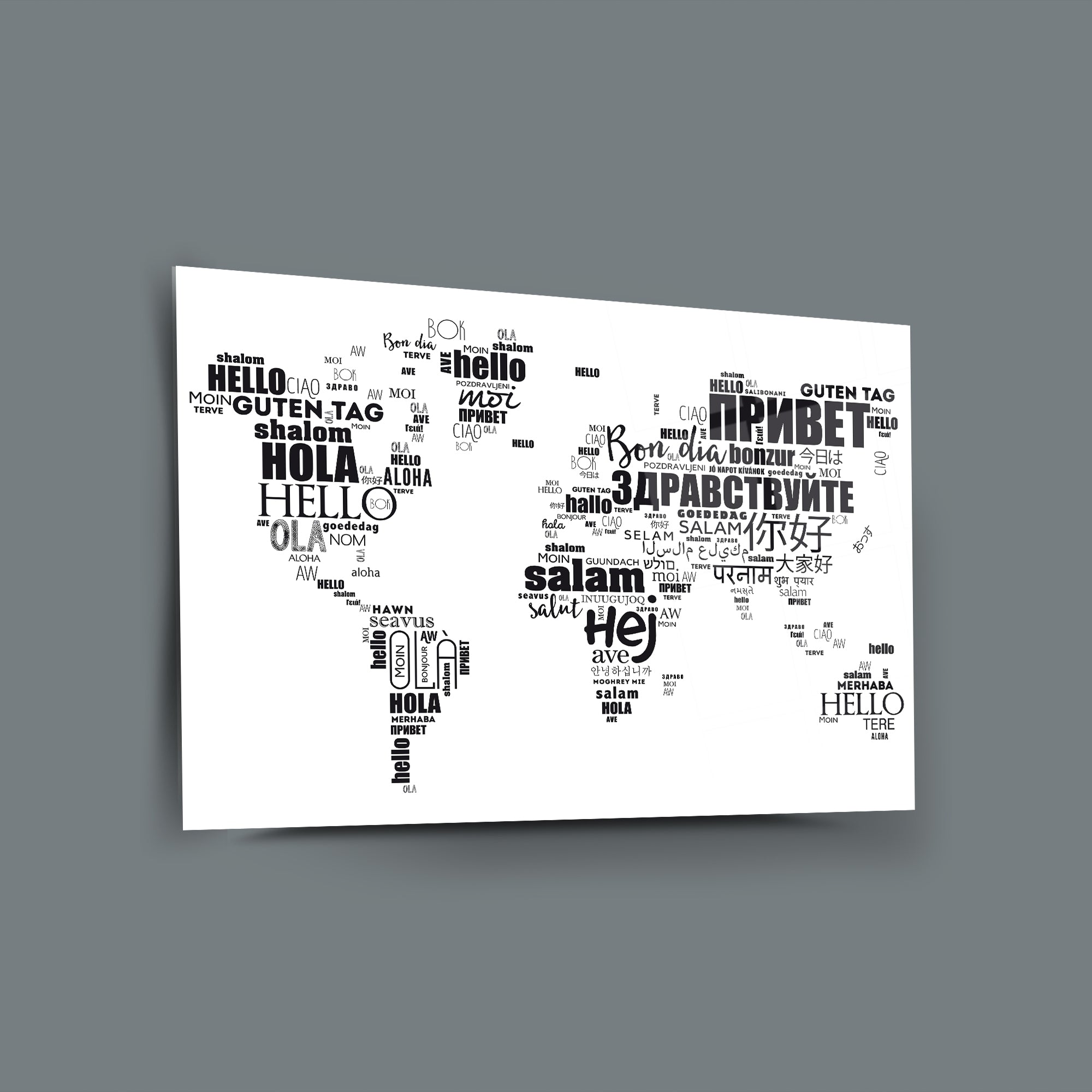 World map art featuring the word 'hello' in various languages on a sleek wall canvas.