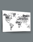 World map art featuring the word 'hello' in various languages on a sleek wall canvas.