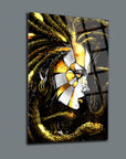 Artistic glass panel featuring a stylized woman with snakes, blending black and gold elements.